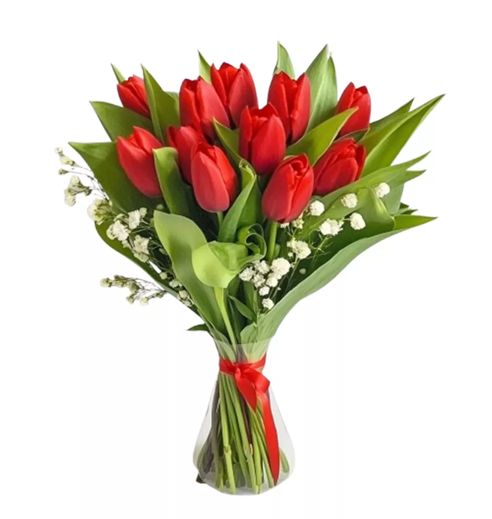 Red Tulips with Decorative Greenery Bouquet