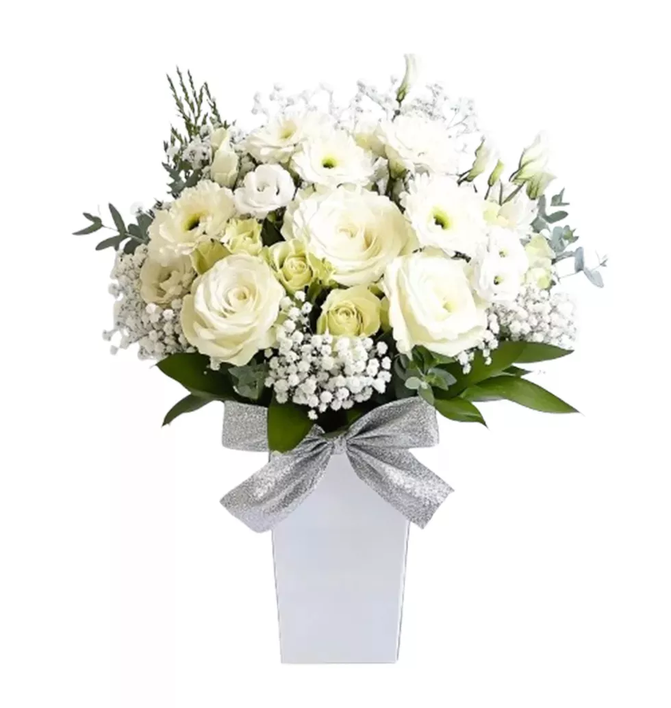 Charming White Bouquet with Silver Bow