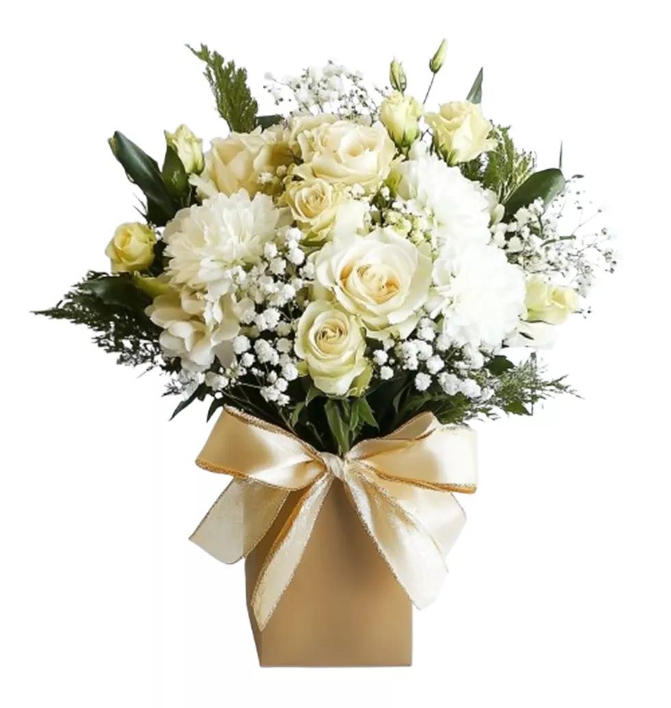 Radiant White Gerberas, Roses, Lisianths Bouquet